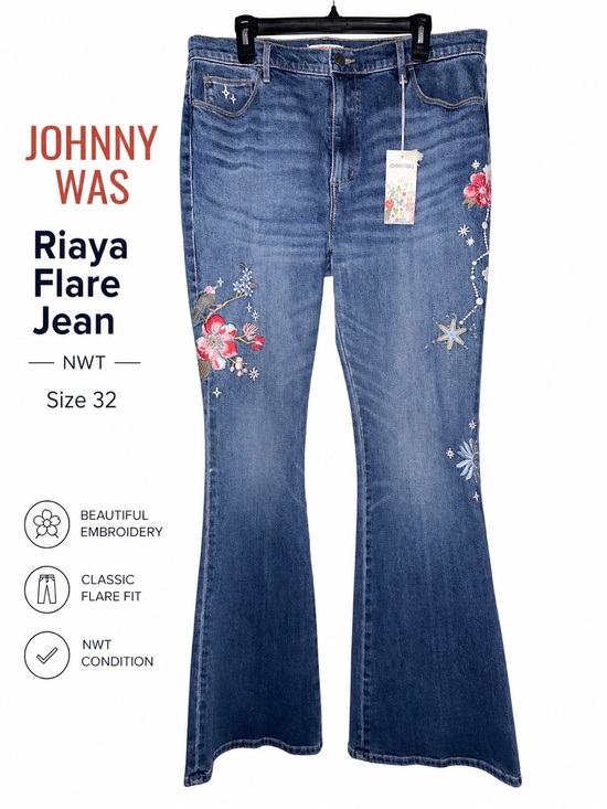 Johnny Was Denim - Johnny Was Riaya Blue Floral Embroidered Flare Jeans